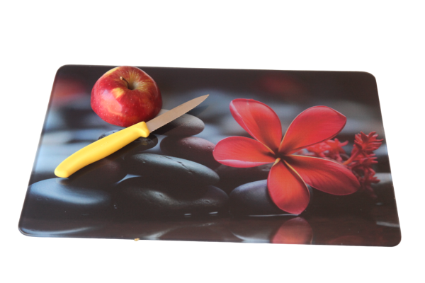 Glass Cutting Board:  Red Flower with Pebbles